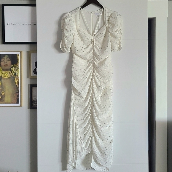 FRAME Ruched Tie-Neck Polka-Dot Midi Dress, White | Black, Medium, NWT - Picture 5 of 16